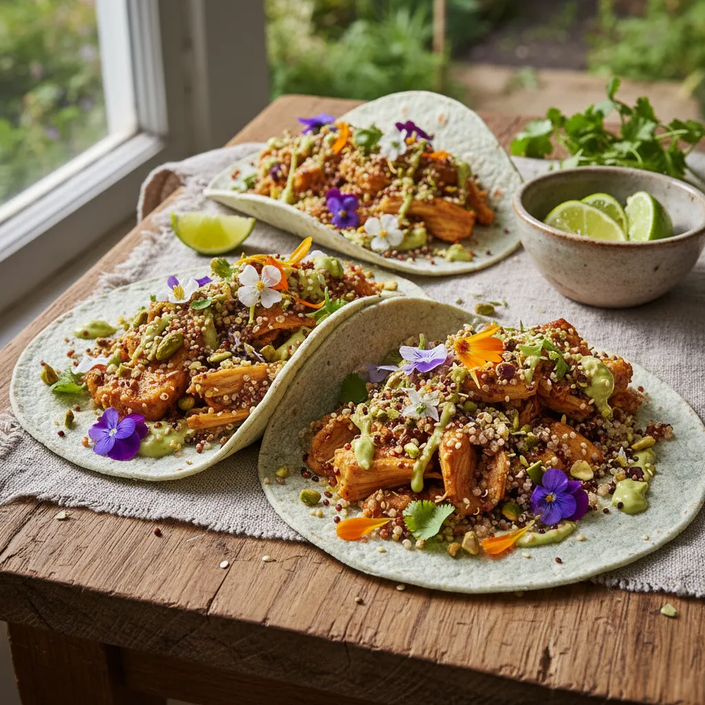 Whimsical Jackfruit and Edible Flower Quinoa Tacos