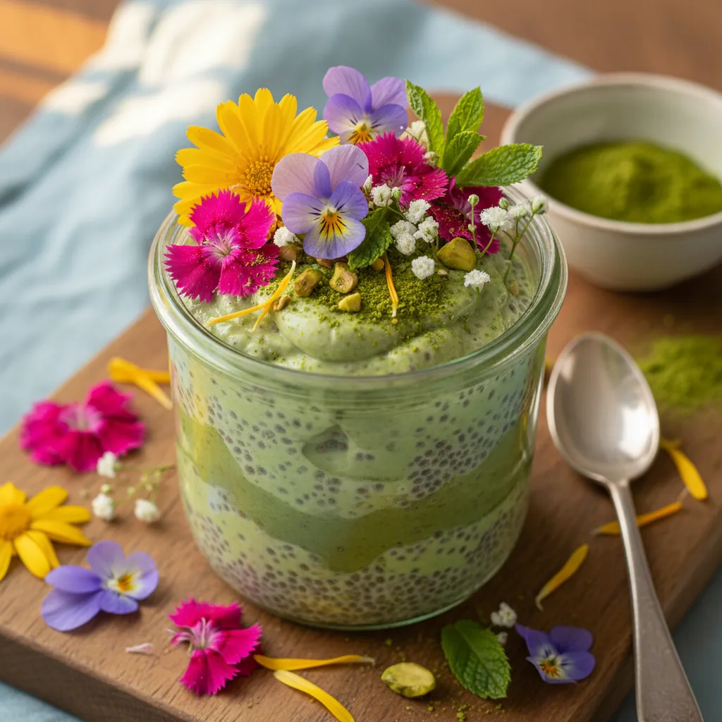 Whimsical Matcha Chia Pudding with Edible Flower Garnish