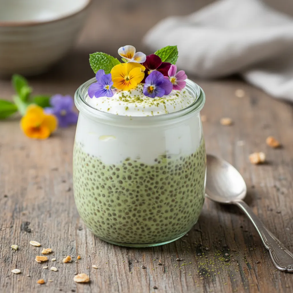 Whimsical Matcha Chia Pudding with Edible Flower Garnish