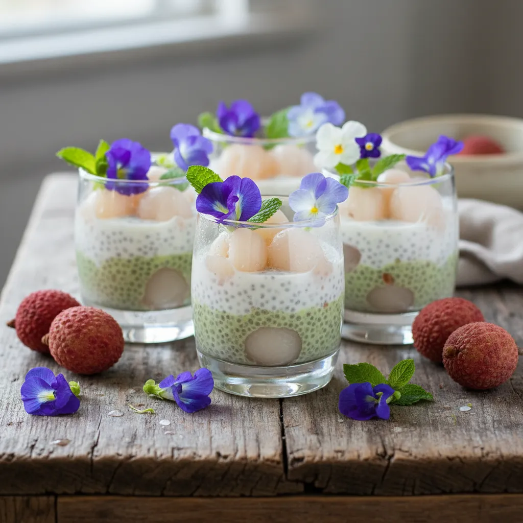 Whimsical Pea Blossom and Lychee Chia Cups