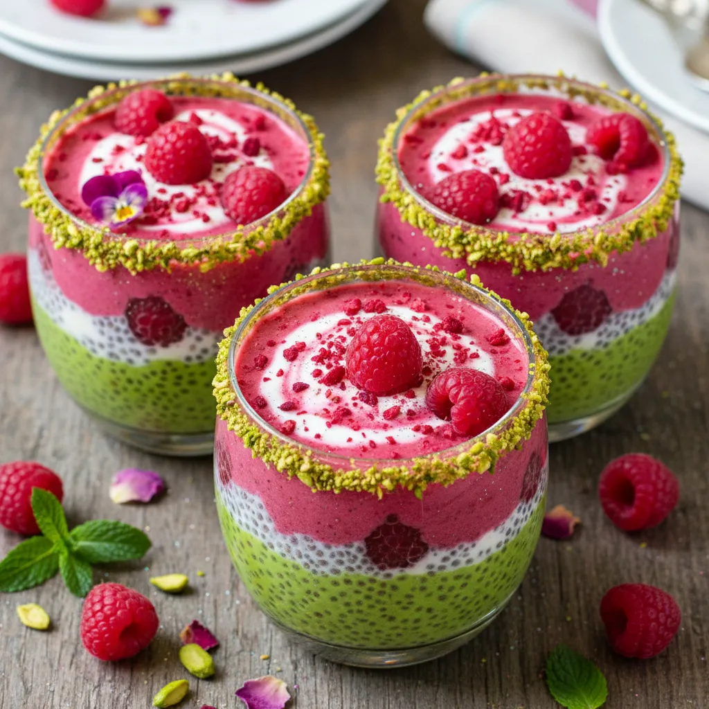 Whimsical Raspberry Matcha Chia Pudding Cups