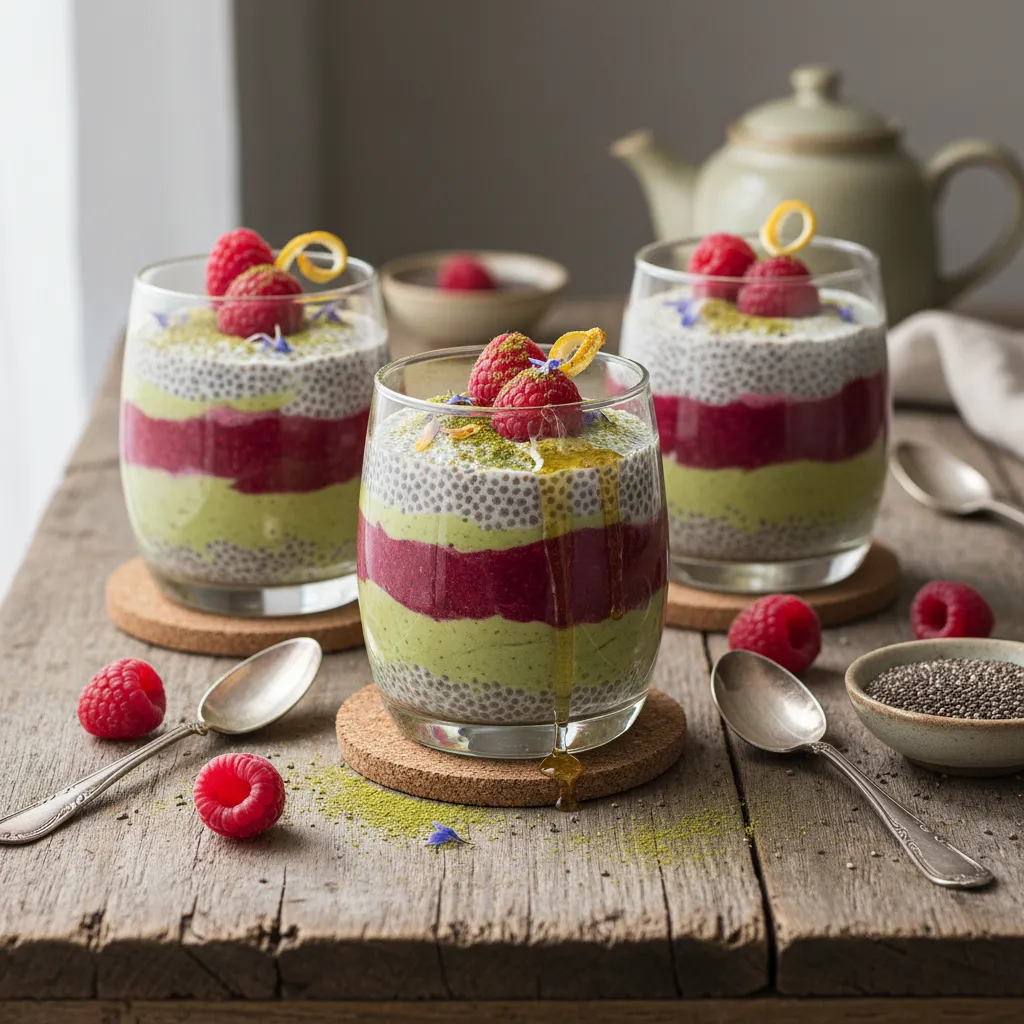 Whimsical Raspberry Matcha Chia Pudding Cups