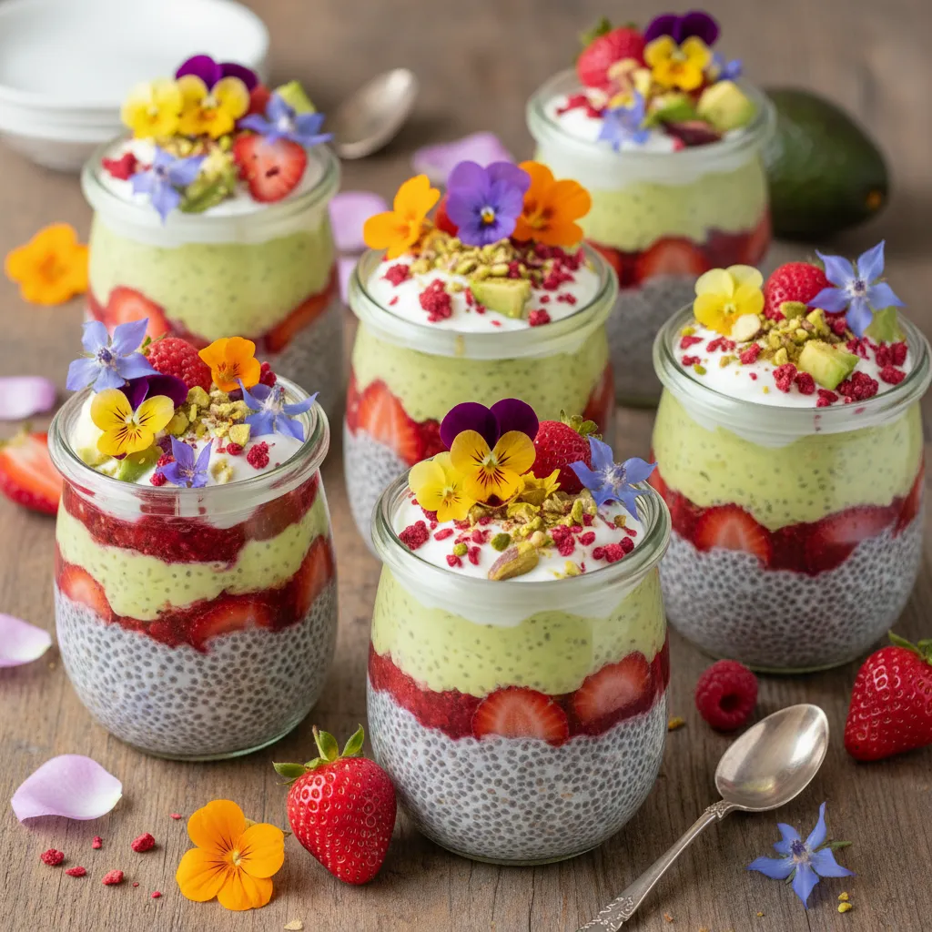 Whimsical Strawberry Avocado Chia Parfaits with Edible Flowers