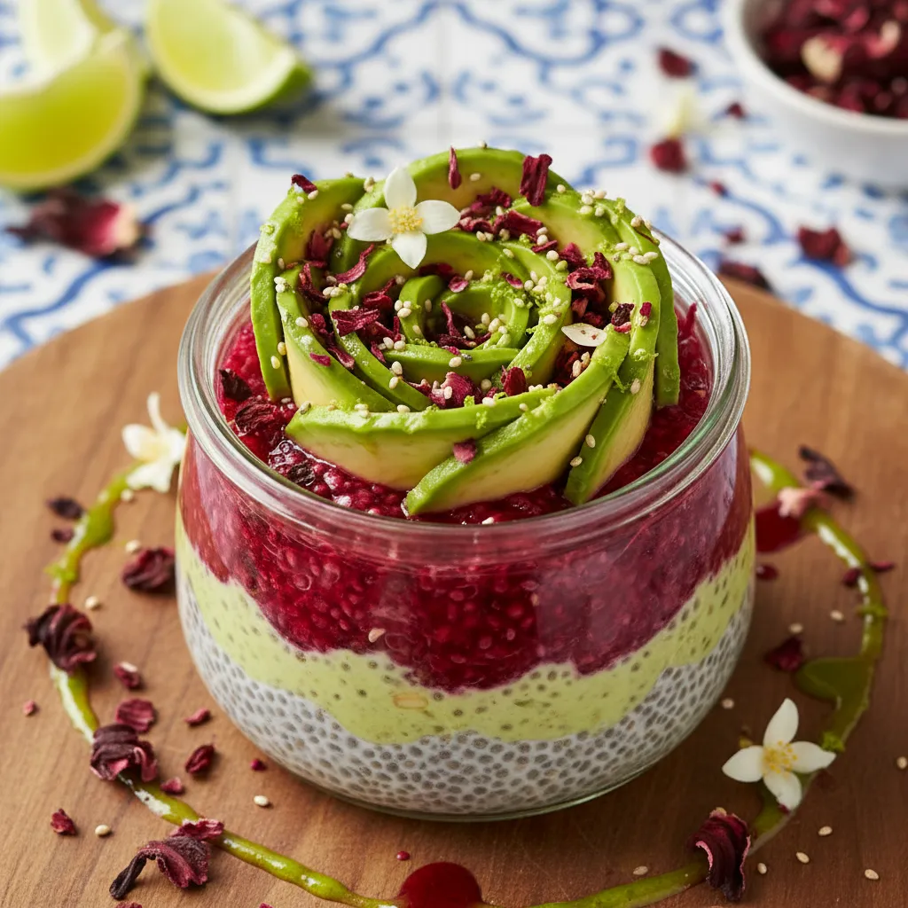 Zesty Avocado Rose Chia Dessert with Hibiscus Infusion
