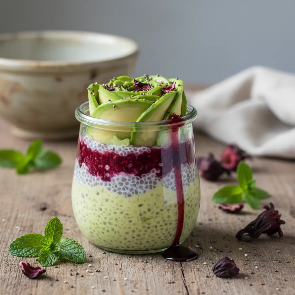 Zesty Avocado Rose Chia Dessert with Hibiscus Infusion