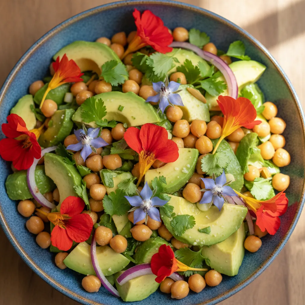Zesty Avocado and Edible Flower Chickpea Salad