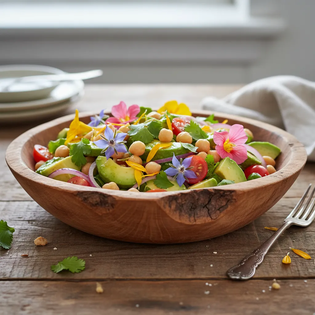 Zesty Avocado and Edible Flower Chickpea Salad