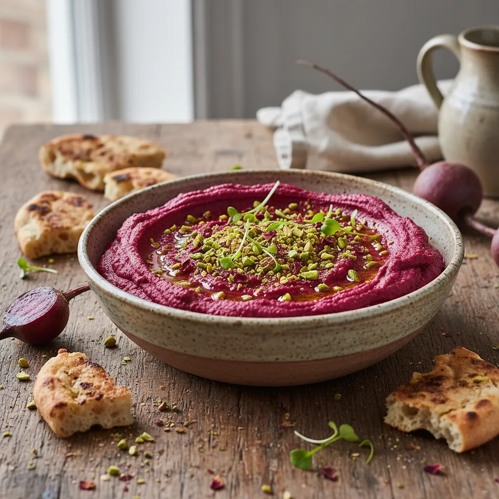 Zesty Beetroot Hummus Delight with Pistachio Dust