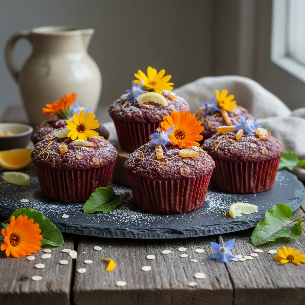 Zesty Beetroot and Citrus Energy Muffins with Edible Flowers