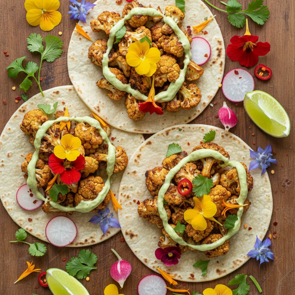 Zesty Cauliflower and Edible Flower Tacos with Avocado Cream