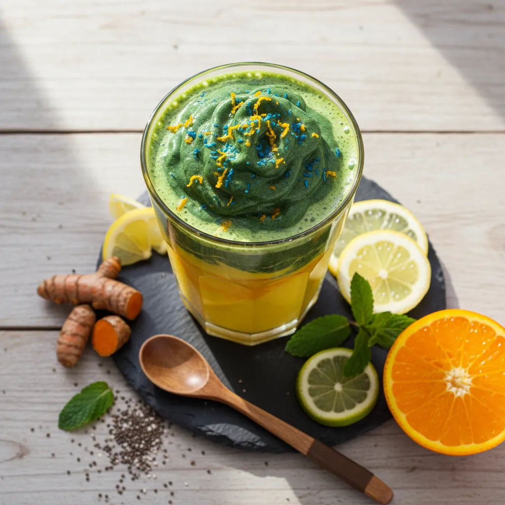 Zesty Citrus Turmeric Infusion Smoothie with Spirulina Whip