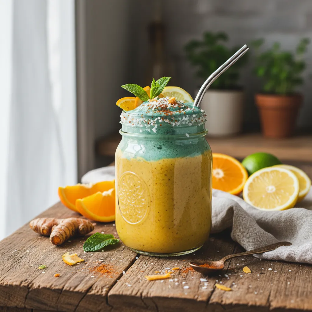 Zesty Citrus Turmeric Infusion Smoothie with Spirulina Whip