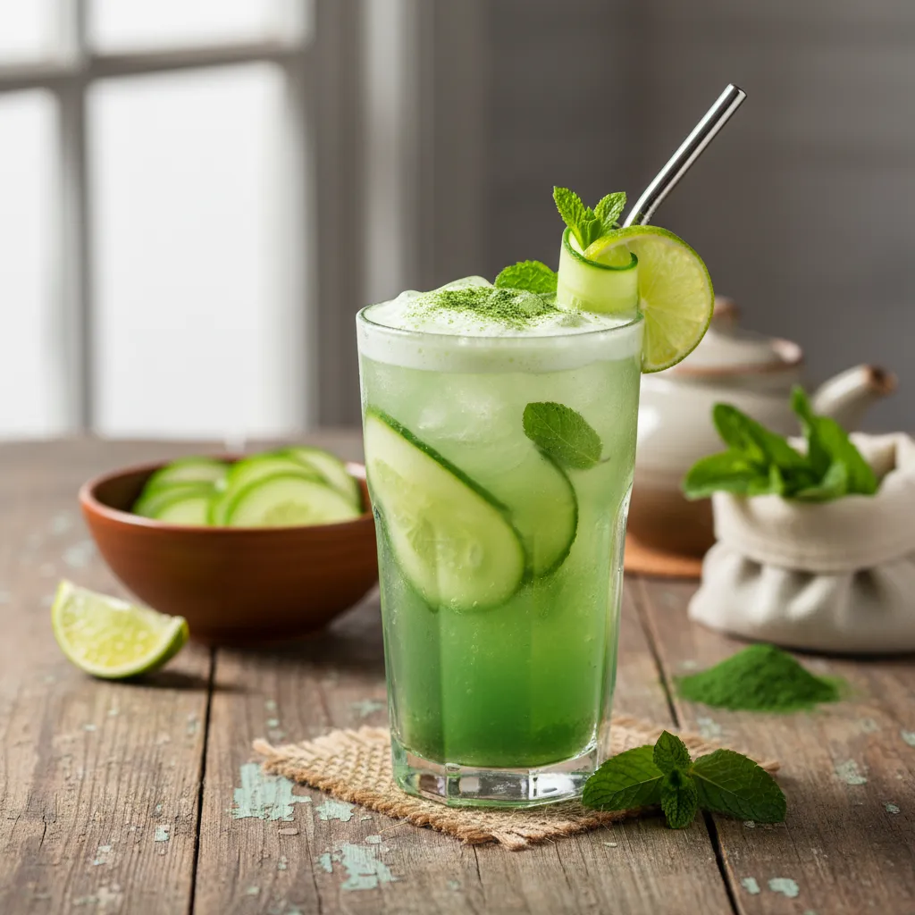 Zesty Green Tea and Spirulina Infused Cucumber Cooler