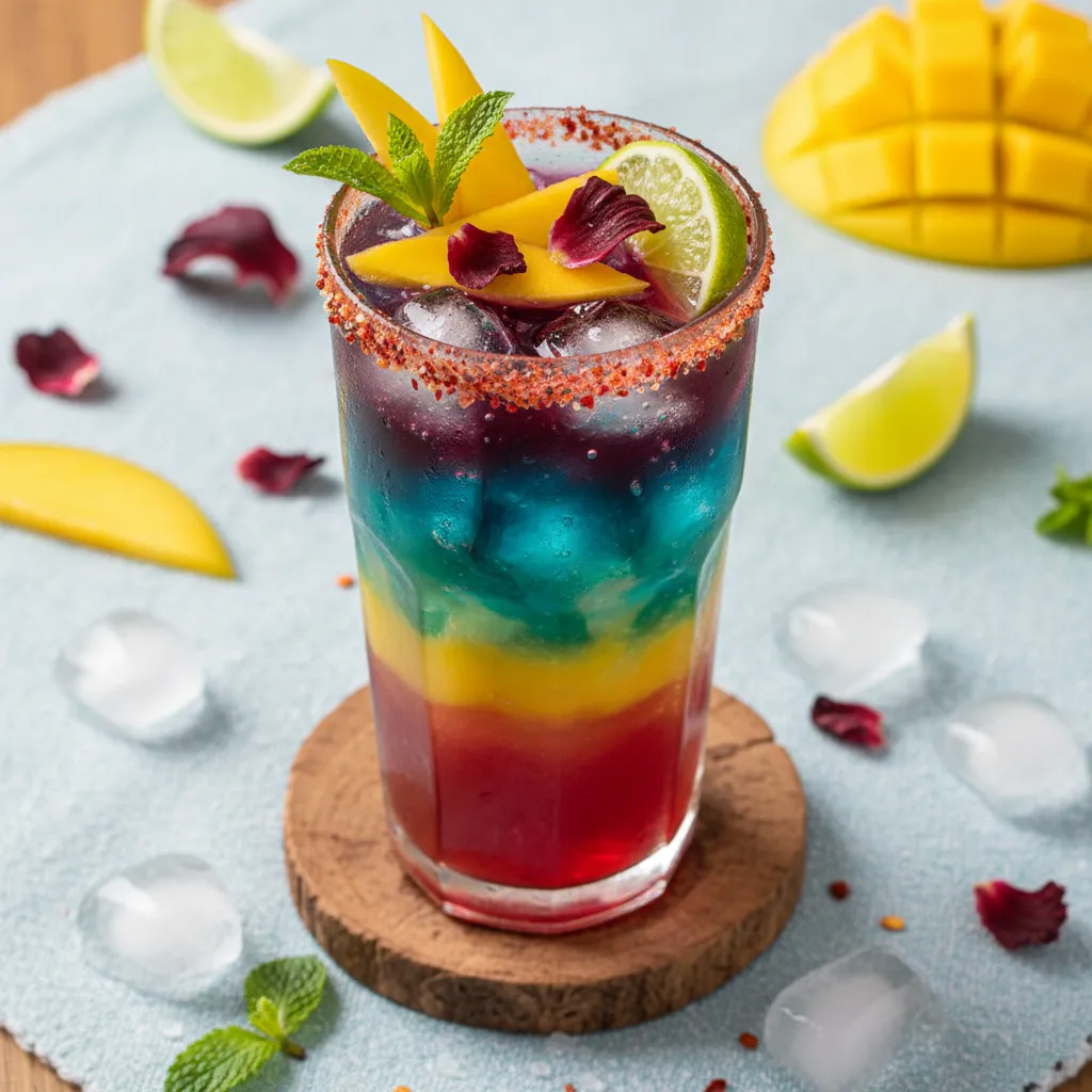 Zesty Hibiscus-Mango Sparkler with Spirulina Infusion