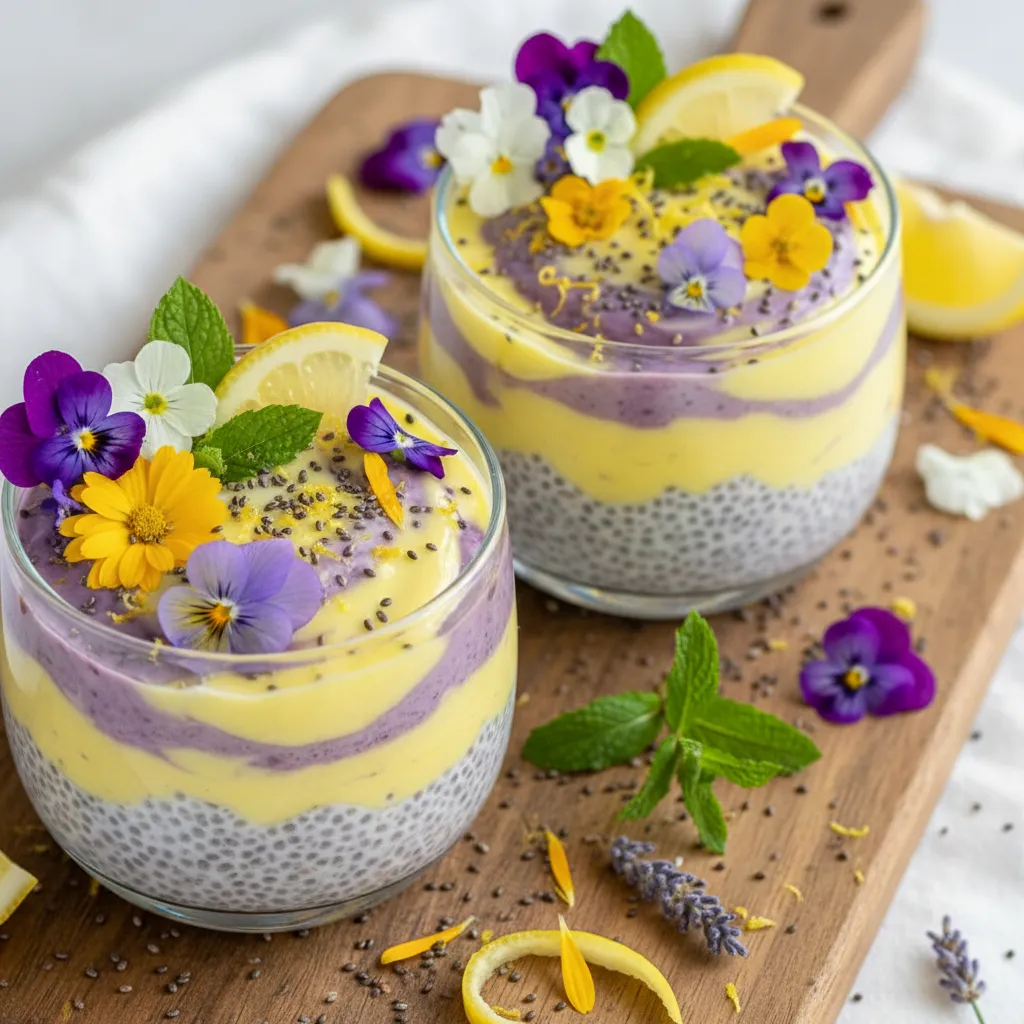 Zesty Lavender Lemon Chia Cups with Edible Flower Garnish