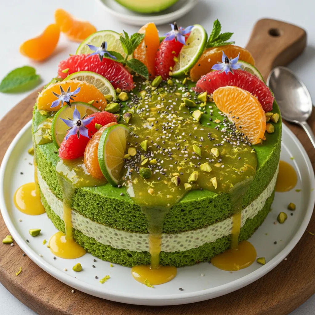 Zesty Matcha Avocado Chia Cake with Citrus Drizzle