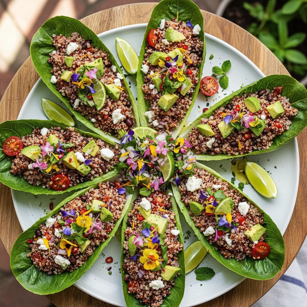 Zesty Quinoa and Avocado Stuffed Romaine Boats with Edible Flower Salsa