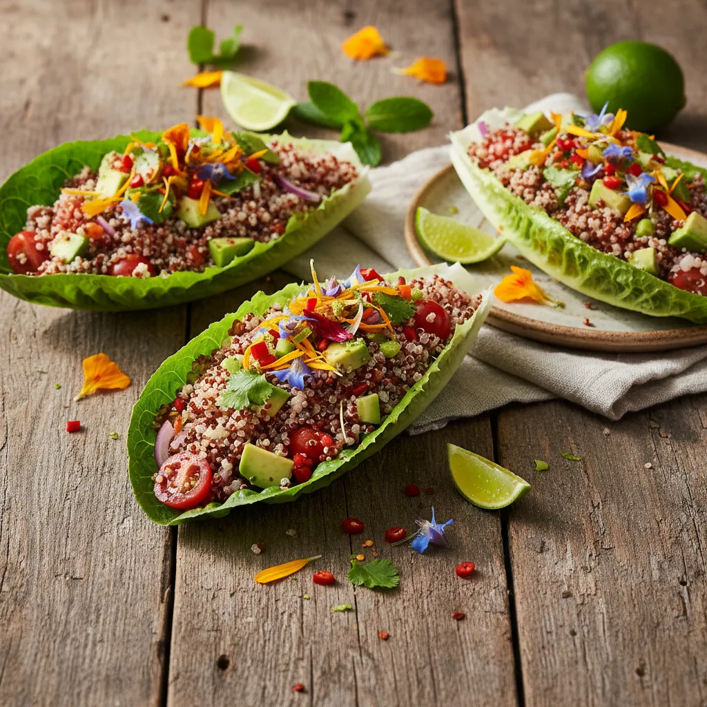 Zesty Quinoa and Avocado Stuffed Romaine Boats with Edible Flower Salsa