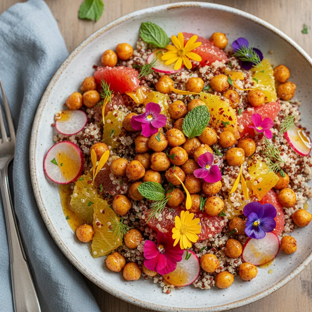 Zesty Roasted Chickpea & Edible Flower Quinoa Salad with Citrus Vinaigrette
