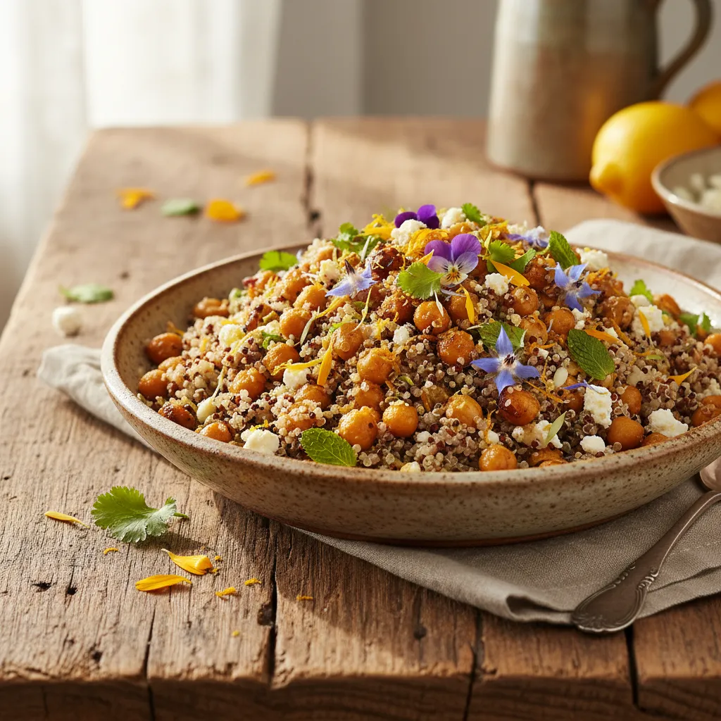 Zesty Roasted Chickpea & Edible Flower Quinoa Salad with Citrus Vinaigrette
