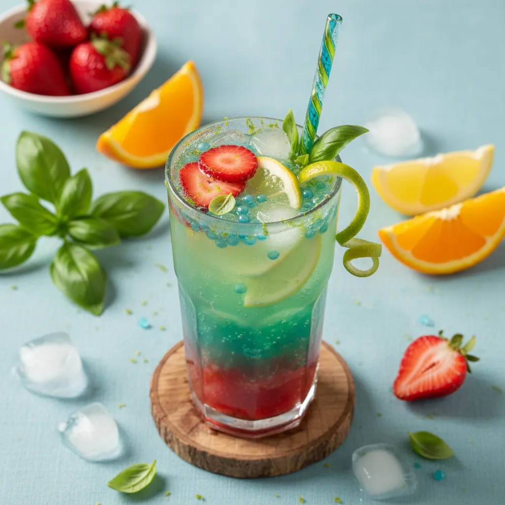Zesty Strawberry Basil Citrus Fizz with Spirulina Twist