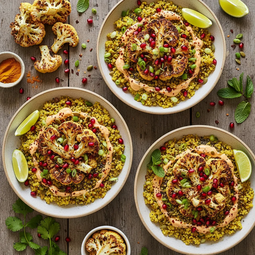 Zesty Turmeric Quinoa Bowls with Roasted Cauliflower and Pomegranate