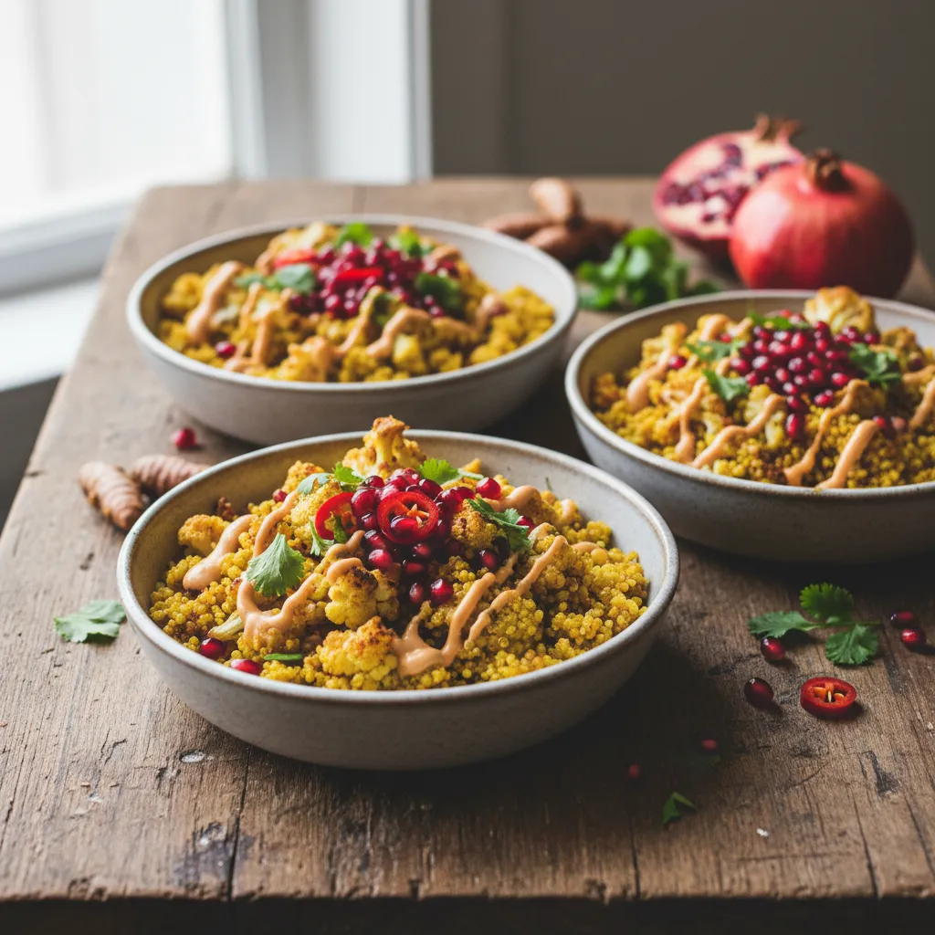 Zesty Turmeric Quinoa Bowls with Roasted Cauliflower and Pomegranate